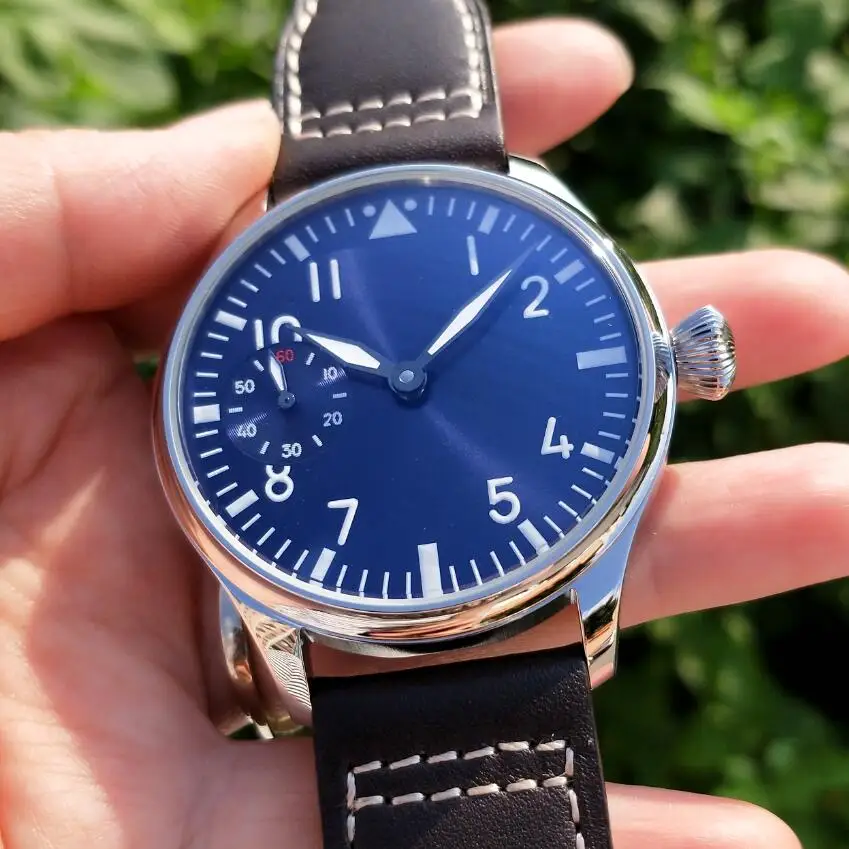 44mm Pilot not have logo Mechanical Hand Wind Men\'s Watch blue dial Mineral Glass/Sapphire Seagull st3600-2 movement G039