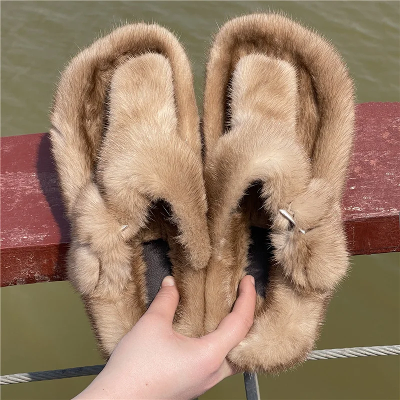 Luxury 100% Real Mink Fur Slippers For Women Shoes Ladies Slippers Women\'s Casual Real Fur Slides Flip Flop Flat Femme Shoes