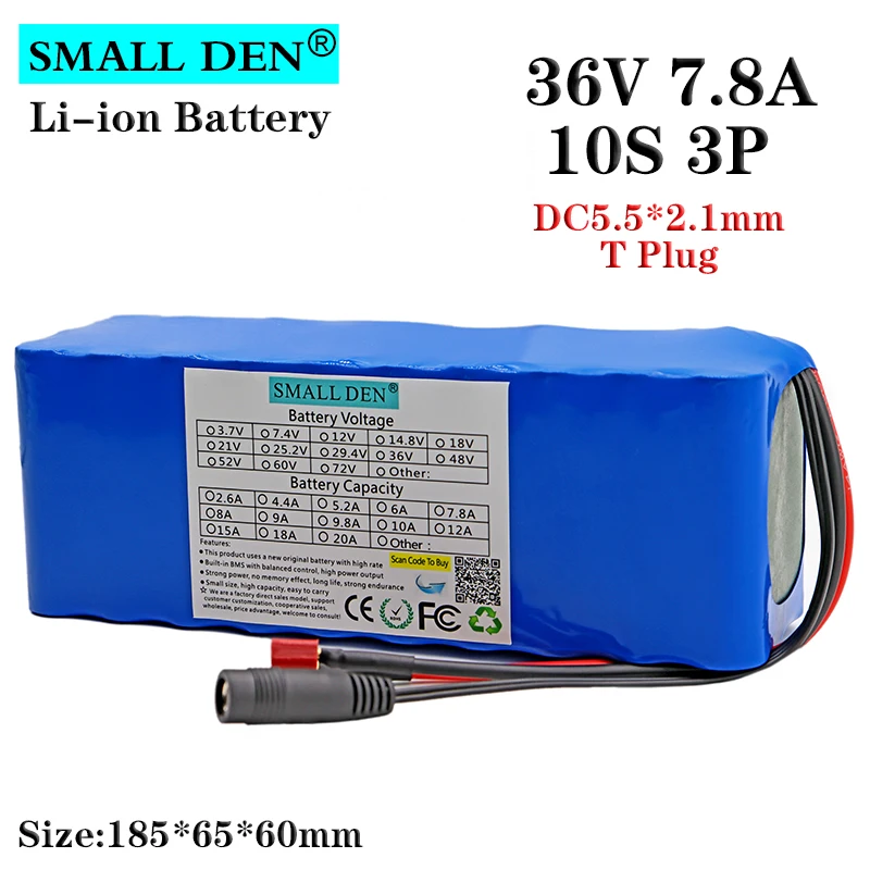 

36V7.8A 18650 lithium battery pack 10S3P, built-in 15A BMS motor, 250W-500W scooter, electric bicycle replacement battery kit