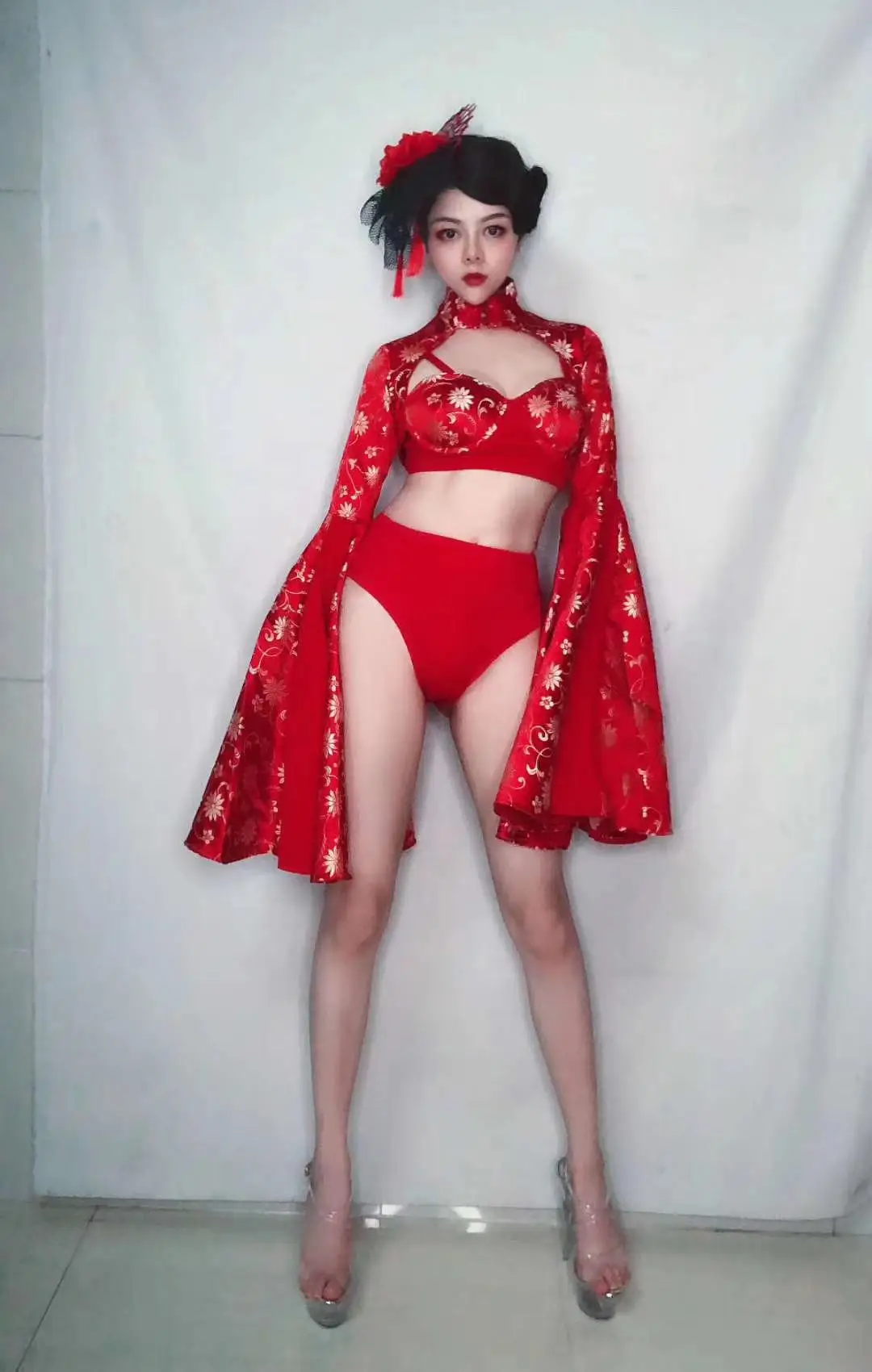 Zestaw bikini z krótkim rękawem w stylu vintage z nadrukiem pagody, kostium do tańca w stylu chińskim, strój sceniczny dla piosenkarki, tancerki, na imprezę w klubie nocnym lub barze.