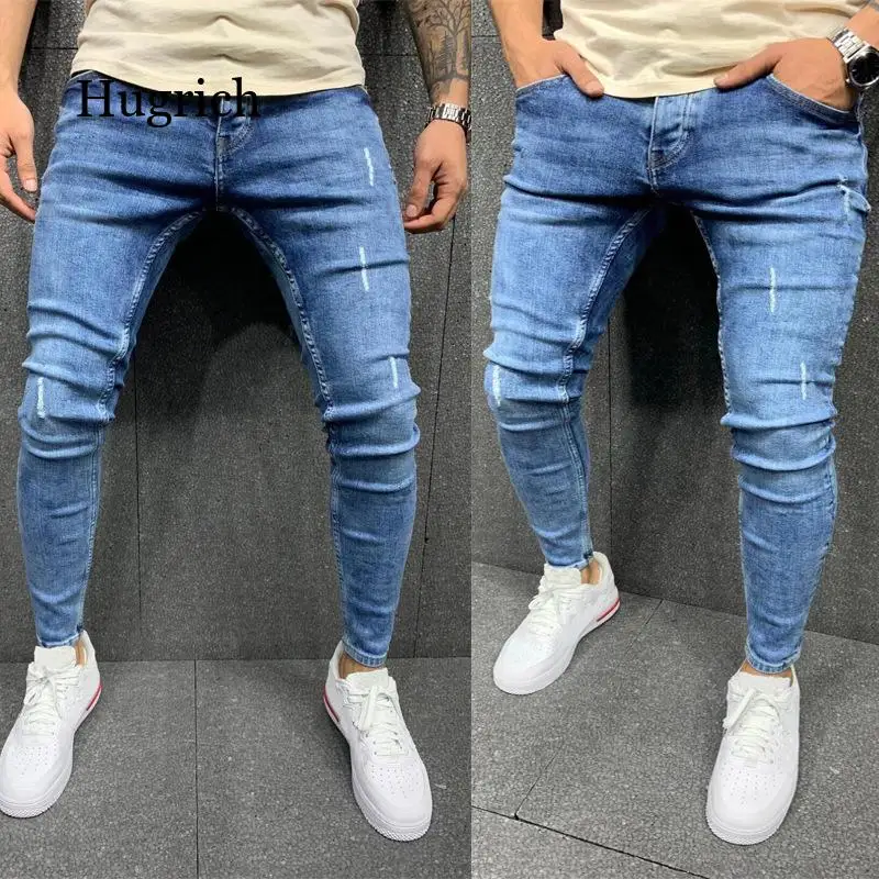 

New Men Blue Jeans Solid Color Frayed Slim-Fit Bikes Pencil Pants Classic Business Streetwear Men