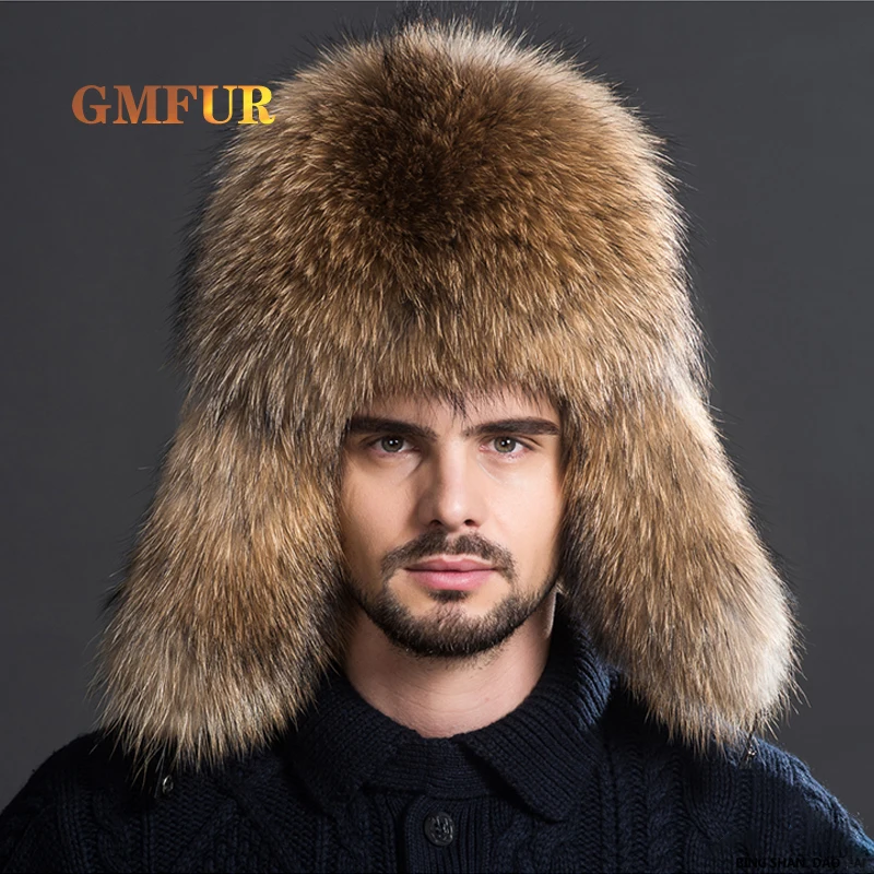 

Russian Men Real Fur Hats Fox Bomber Hat Outdoor Casual Raccoon Sliver Fur Beanies Hombre Earmuffs Cap Winter Leifeng Hats