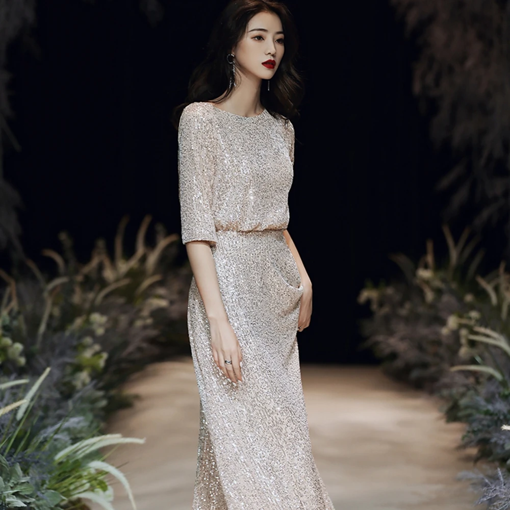 ชุดราตรี O-คอยาว A-LINE ชุดเลื่อมผู้หญิง PARTY Night ชุดราตรี 3/4 แขนที่กําหนดเอง