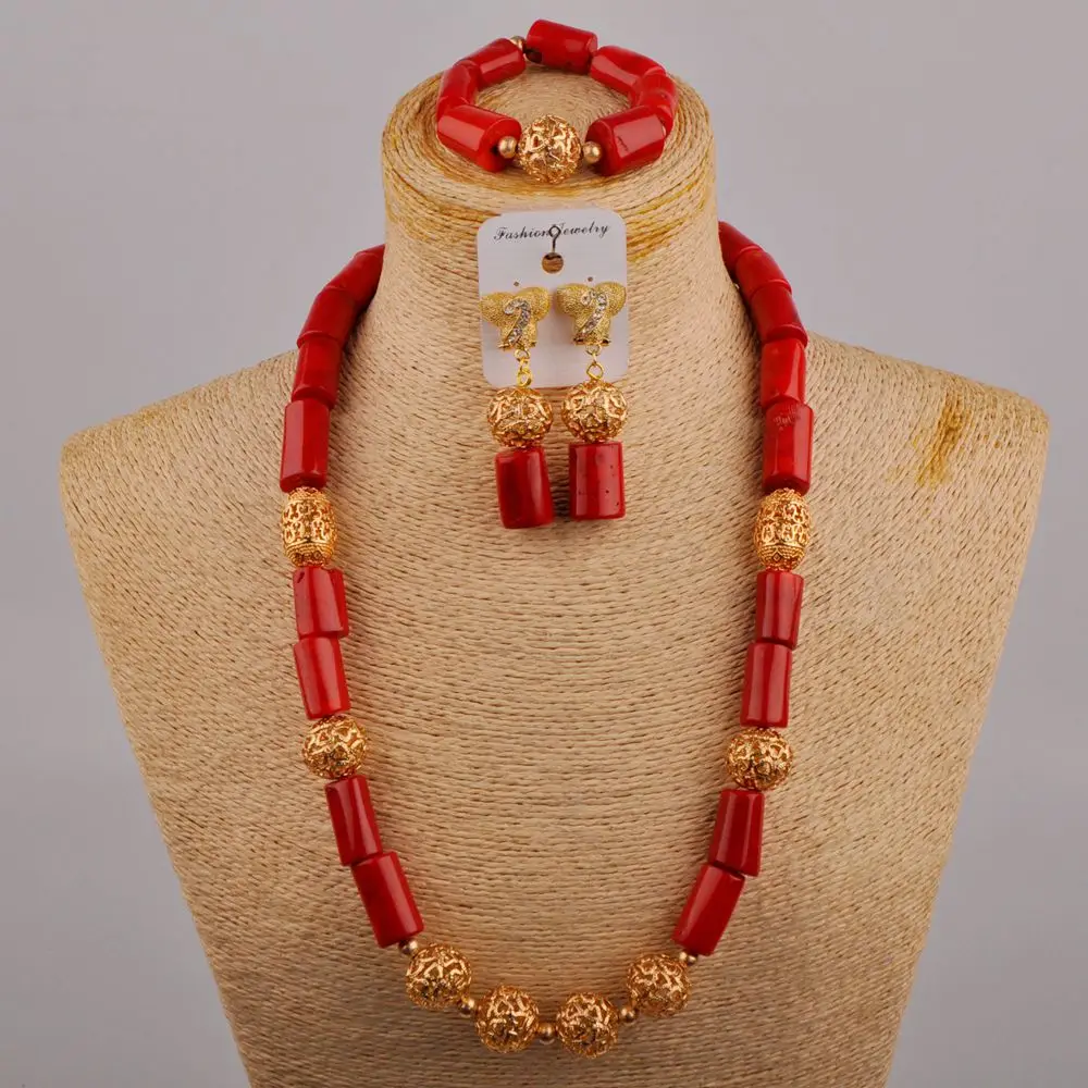 

New Product Promotion Nigerian Bride Red Natural Coral Necklace African Female Wedding Banquet Wedding Jewelry Set AU-551