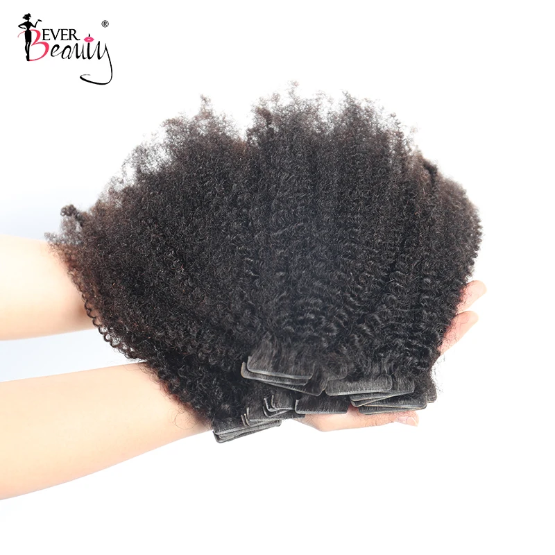 Afro Kinky Curly Tape In Human Hair Extensions Seamless PU Skin Weft Hand Tied Tape In Adhesive Invisible Mongolian Ever Beauty