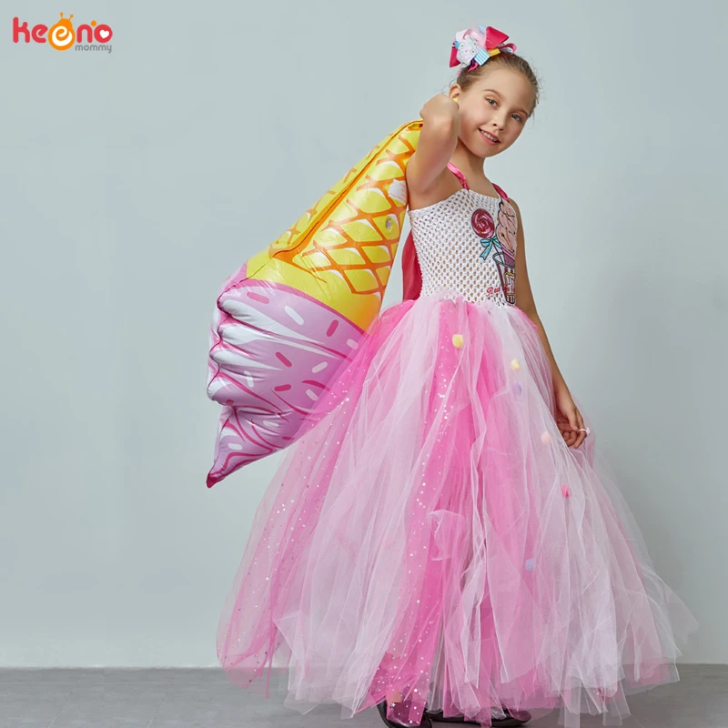 Glittering Girls Ice Cream Gown Tutu Dress With Hair Bows Kids Candy Wedding Birthday Party Costume Girls Candy Land Tulle Dress