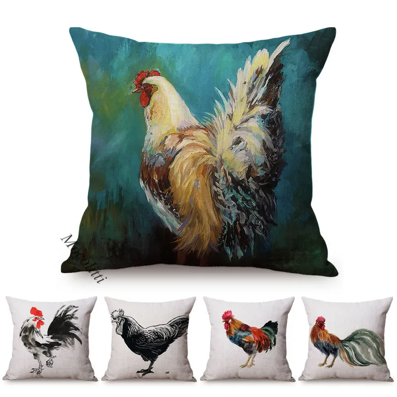 Chicken Style Throw Pillow Case Chinese Ink Painting Art Home Decoration Square Cushion Cover Cock Hen Linen Sofa Cushions Cover