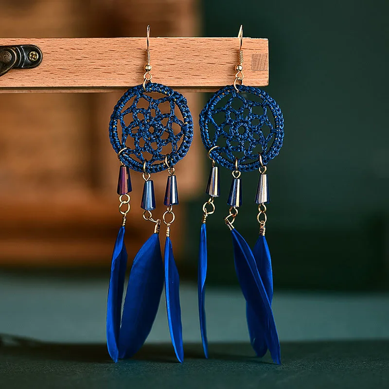 Feather Fringed Dreamcatcher Long Earring for Women Red Blue Black Feather Tassel Earrings Handmade Boho Ethnic Earings Jewelry