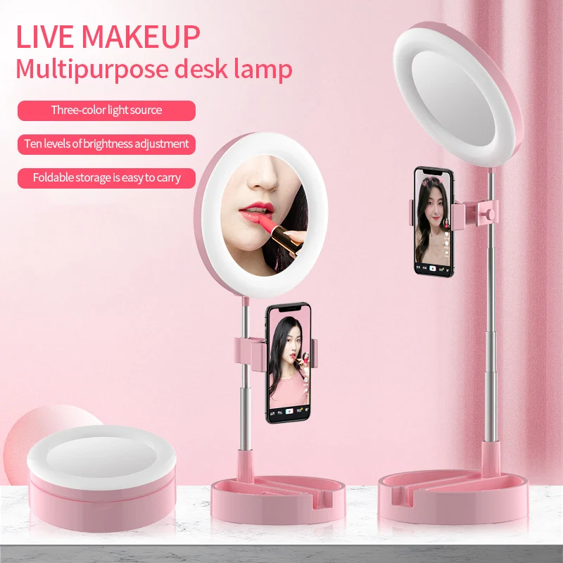 

Foldable Selfie Stick Ring Light Tripod For Phone With Mirror LED Phone Holder For Makeup Live органайзер для космтики Storage