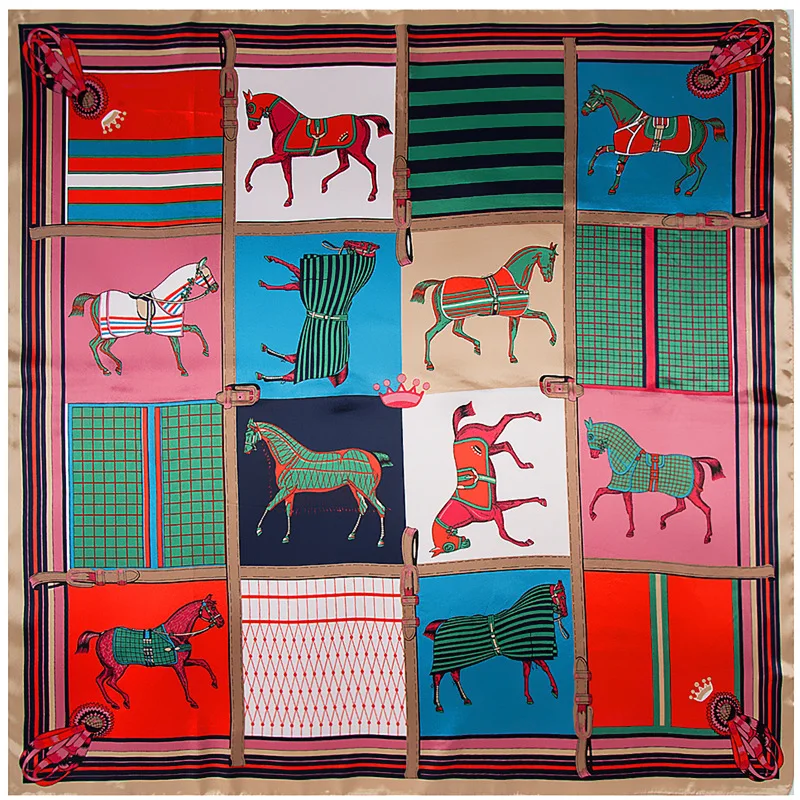 Bufanda con estampado de caballo para mujer, pañuelo de lujo, a la moda, cuadrado, a cuadros, 90CM