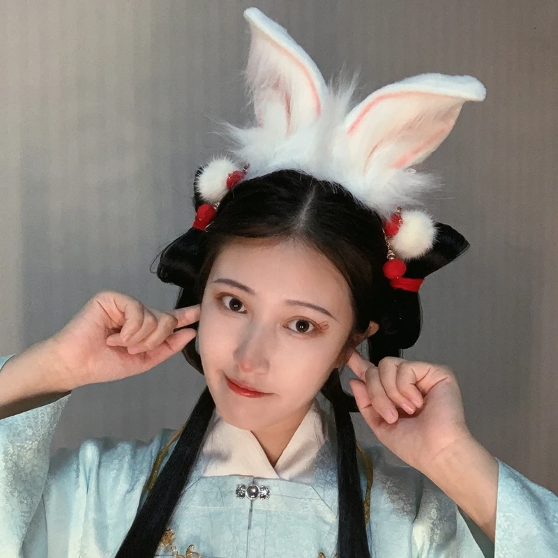 

New White Rabbit Bunny Ears Hairhoop Fold Headwear Headband Handmade Work For Anime Game Halloween Costume Accessories