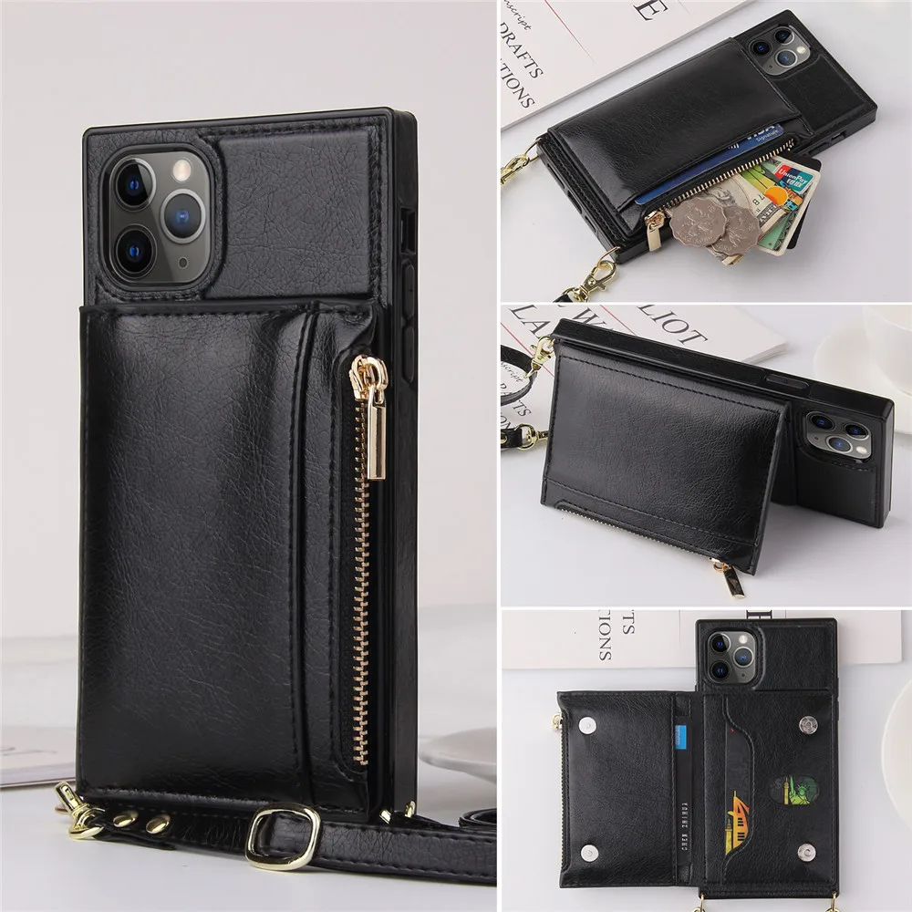 

Zipper Leather Crossbody Case For iPhone 17 16 15 14 13 11 Pro MAX XS XR X 7 Plus 12 Cover With Long Strap Card Holders Wallet