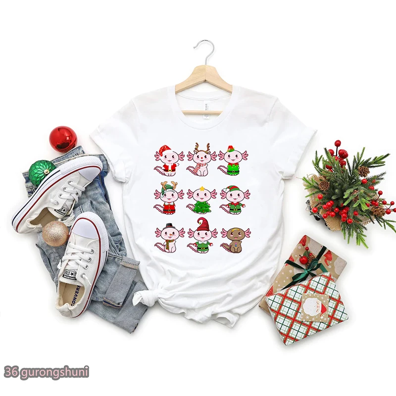 

Axolotl Merry Christmas Cartoon Print T-Shirt Women Funny Harajuku Kawaii Clothes Summer Short Sleeve T Shirt Female Streetwear