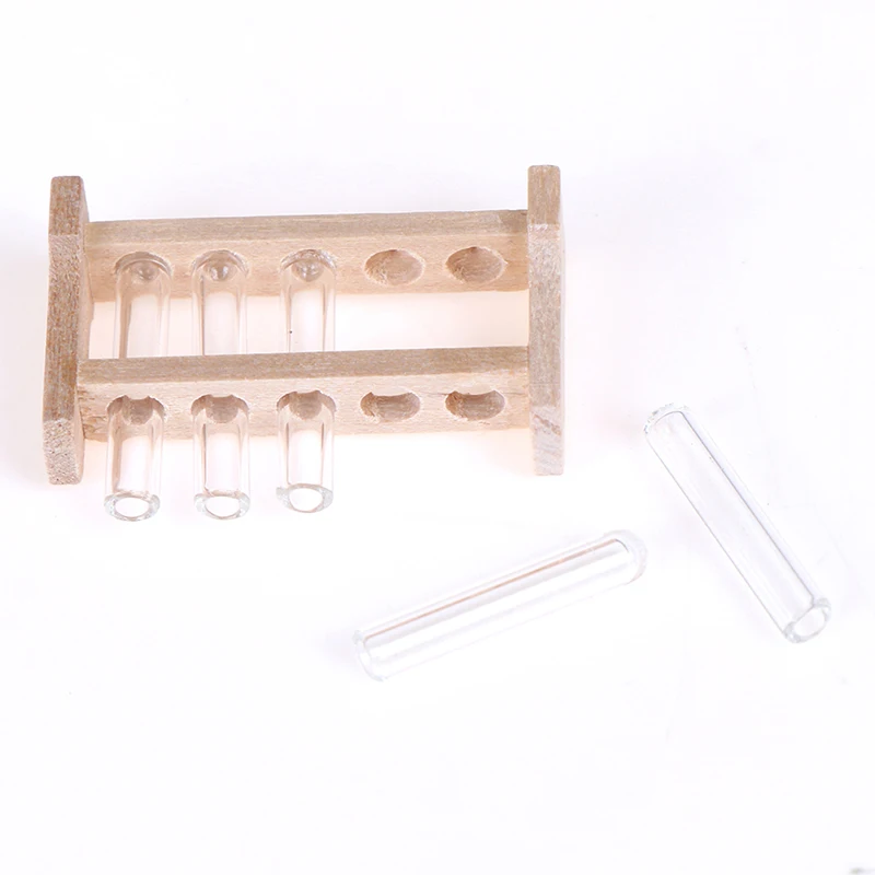 5pcs/set Laboratory Glass Test Tubes with Wooden Rack Set Decoration Ornament 1:12 Dollhouse Miniature Accessory