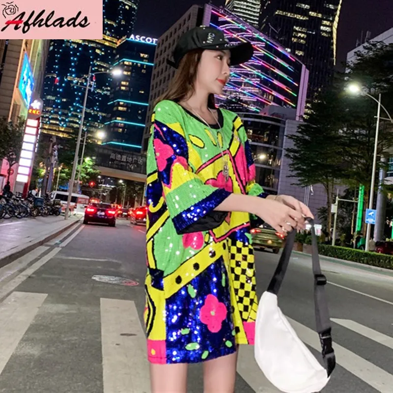 Summer Short Sleeved Geometric Print T-Shirt Women's Clothing Sequins New Loose Night Club Hip Hop Streetwear Female Tops