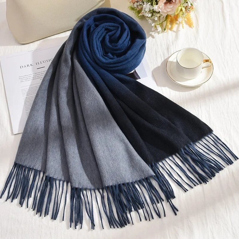 Women Cashmere Scarf  Winter Warm Thick Neck Scarves Gradient Pashmina Luxury Stole Outdoor Shawls Wrap 100% Pure Cashmere Scarf