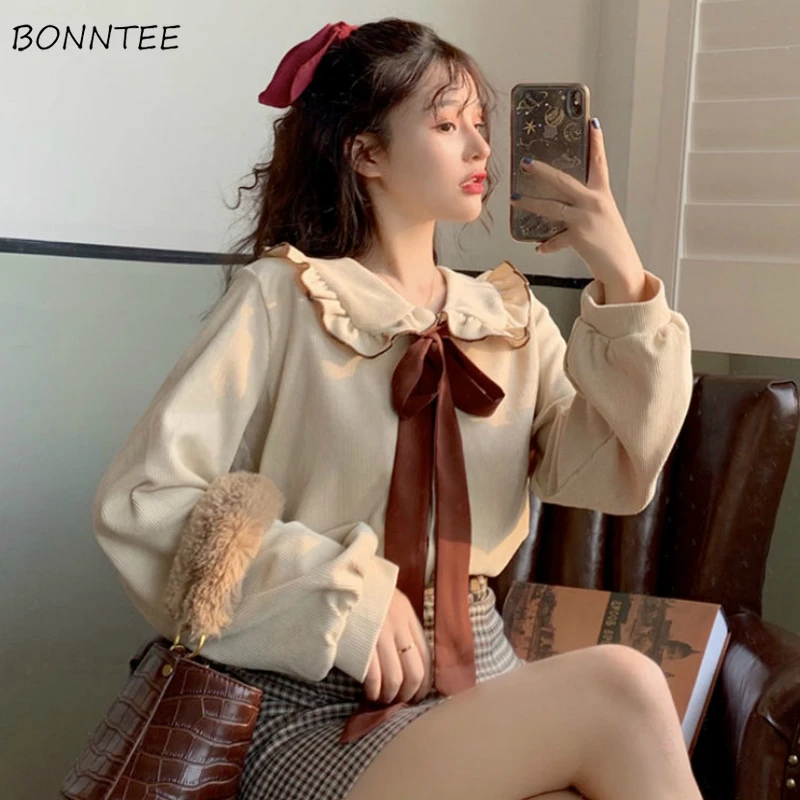 Blouses Women Elegant Kawaii Bow Peter Pan Collar Leisure Design New Fashion Korean Style Trendy All-match Female Clothes Lovely