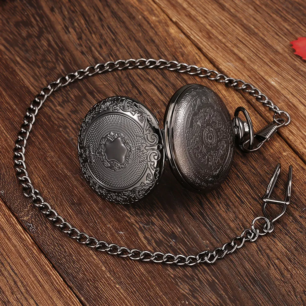 Roman Numerals Display Dial Exquisite Black/Silver/Bronze/Gold Quartz Pocket Watches Men Retro Pendant Clock with Pocket Chain