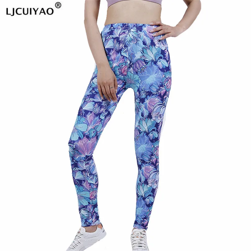 

LJCUIYAO Flowers Pants Fitness Sports Leggings Female Running Trousers High Waist Polyester Ankle-length Sportswear New Clothes