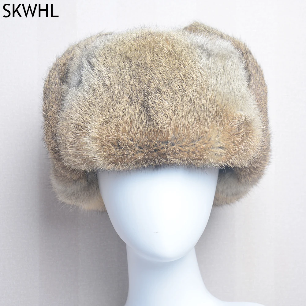 

Rabbit Fur Cap Man Winter Genuine 100% Fur Bomber Hat Windproof Warm Earmuffs Male Flat Grey/Black Russian Hat Fitted Casquette