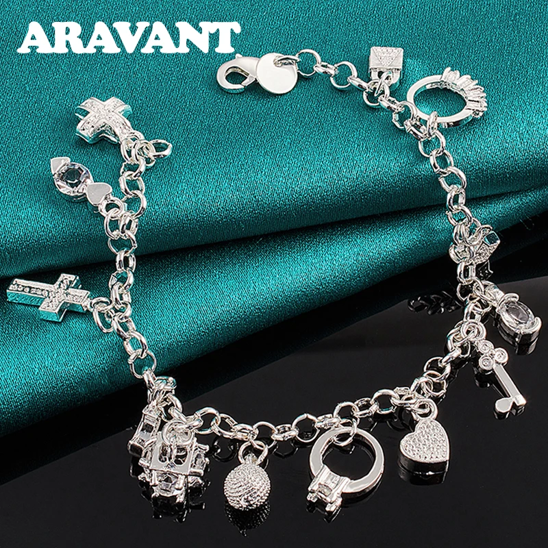 Aravant 925 Silver Multi Pendant Charm Bracelet For Women Fashion Jewelry Gifts