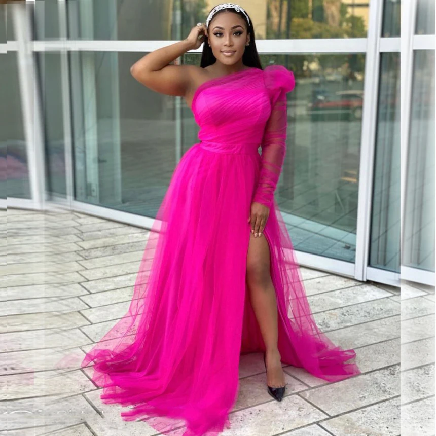 Bright Fuchsia Evening Gown Illusion Sleeve Long Split Tulle Robe De Soiree African Prom Dresses Mesh Vestidos Festa