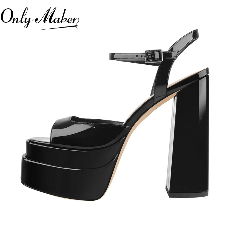 Onlymaker Sandals Black Patent Leather Double Platform  Peep Toe Ankle Buckle Chunky High Heels Fashion Party Shoes