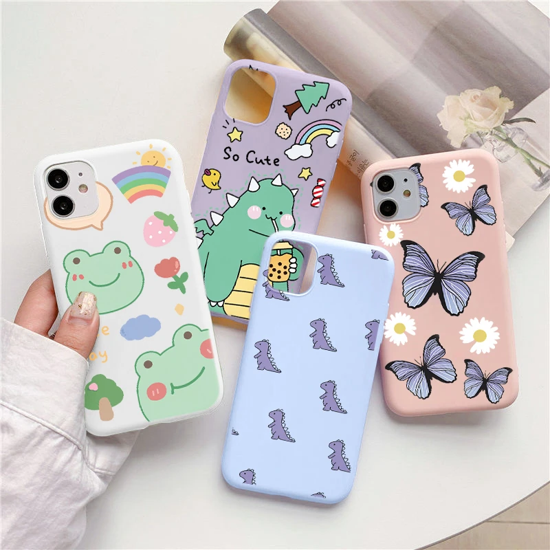 Case for iPhone 11 12 13 Pro Max Mini SE 2020 XR XS Max X 10 6 6S 8 7 Plus Funny Dinosaur Butterfly Flower Frog Rainbow Cover