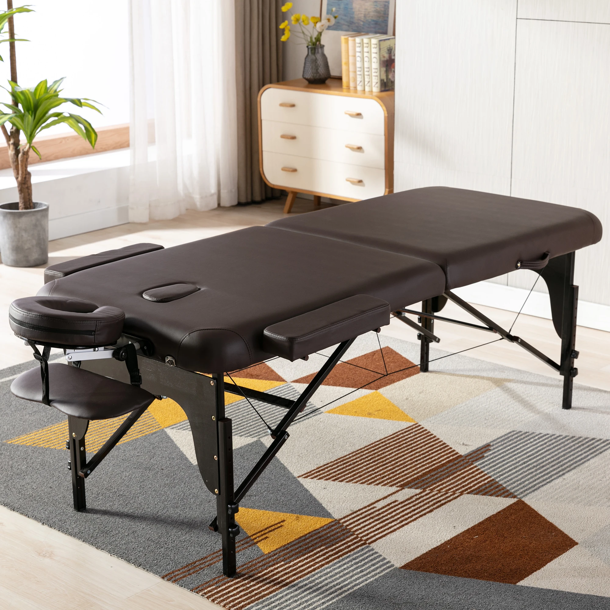 Portable Massage Bed PU Leather Spa Bed 84x38x24-35 Inch 2 Section Adjustable Folding Massage Table Brown[US-Stock]