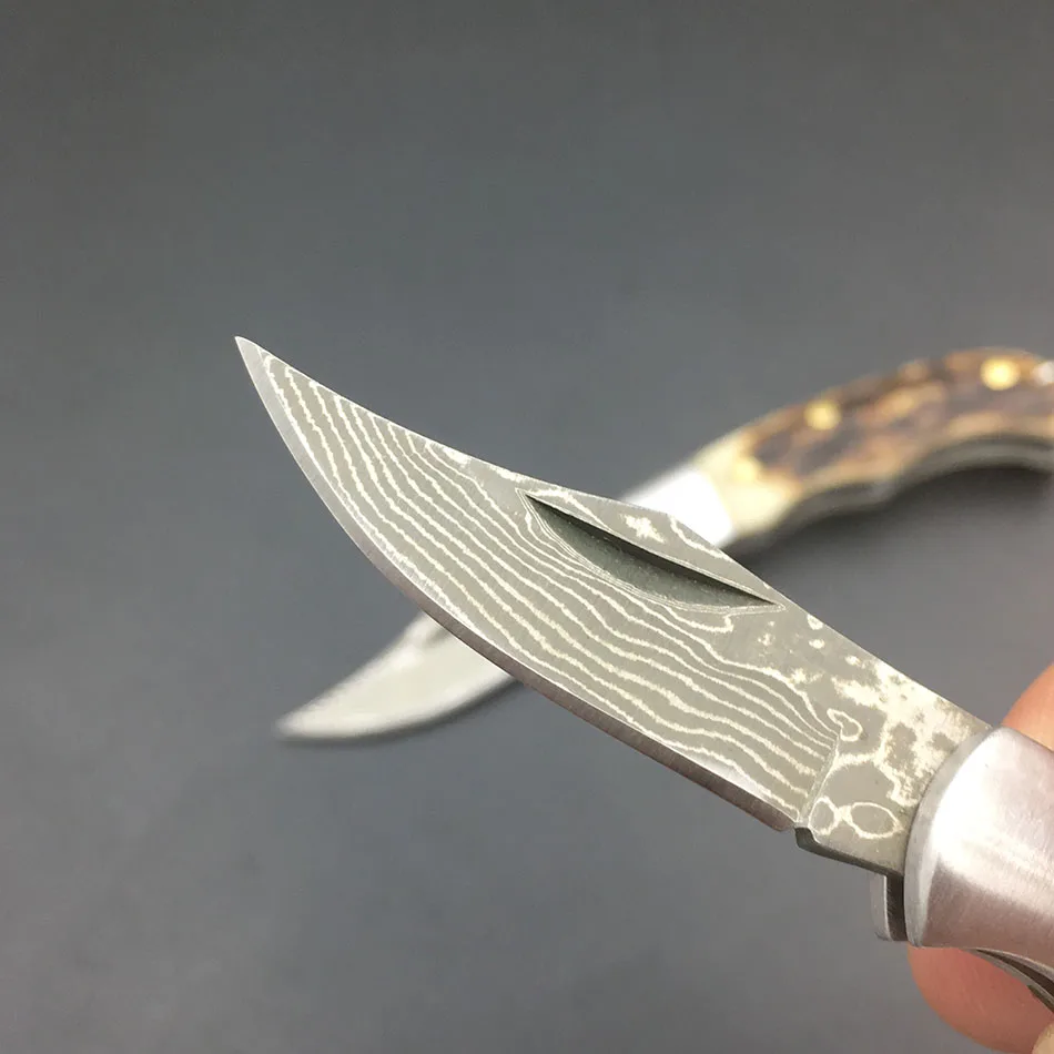 Mini Key Ring Utility Pocket Folding Damascus Steel Knife Customized Wooden Antler Horn Handle