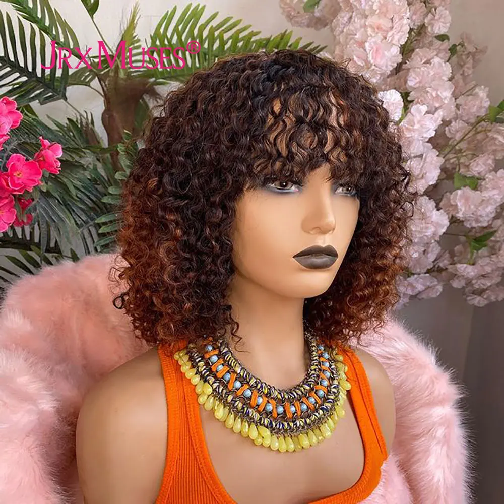 

Short Curly Bob Human Hair Wigs With Bang Honey Blonde Jerry Curly Full Machine Made Wig 180% Natural Black Remy Hair For Women