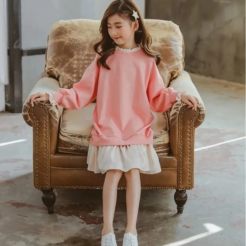 6-12Y Girls Dress 2025 New Children\'s Long-sleeved Princess Dress For Teenage Girls Splicing Dress Spring and Autumn Dress