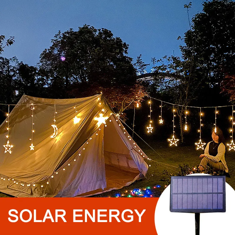 Solar Energy Outdoor Christmas Light Decorative Curtain LED Bedroom Party Garden Wedding Bar Star Moon Atmosphere Strings Light