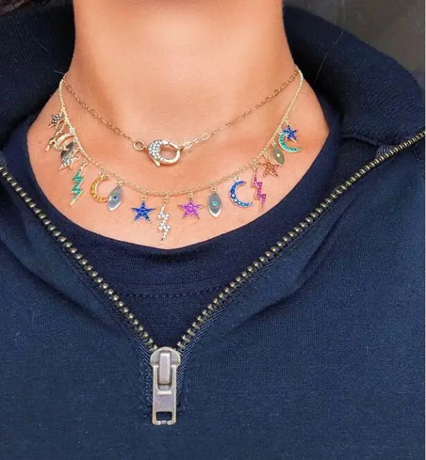 35+10cm choker women Necklace Lover\'s Gold Color Moon & Star eye lightning Pendant Necklace Engagement Jewelry