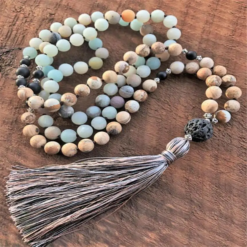 

8mm Amazonium Picture stone 108 Beads Tassel Mala necklace Buddhism natural Healing MONK Hot Chakas Buddhist energy Prayer Men