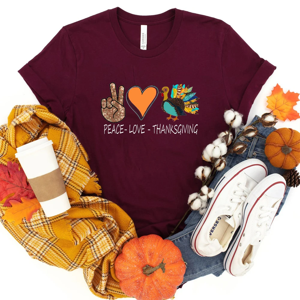 

Thanksgiving Round Neck Loose Shirt Peace Love Thanksgiving Turkey Print Gift Short-sleeved Unisex Thanksgiving T-shirt