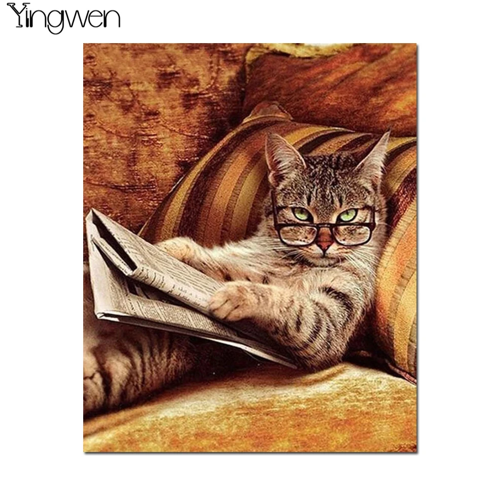 5D DIY Diamond Painting Cat Read Newspaper Full Diamond Embroidery Animal Cross Stitch Kits Rhinestones Mosaic Home Decoration