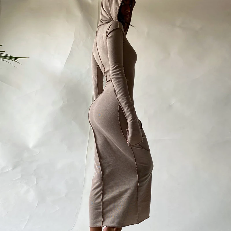 2023 Long Sleeve Hooded Patchwork Skinny Maxi Dress