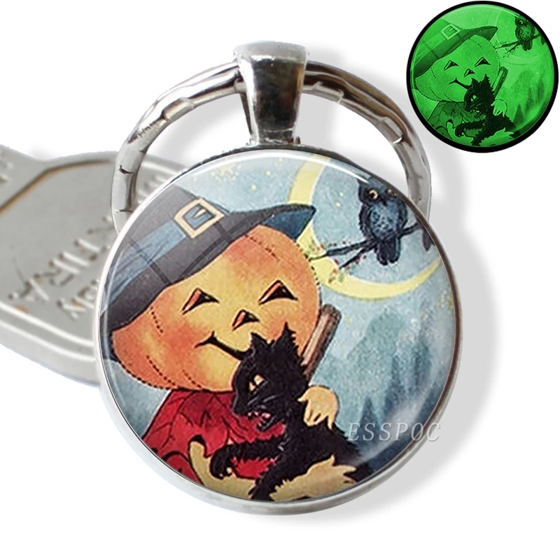 Halloween Luminous Cat Keychain Keyring Glowing In The Dark Cat with Pumpkin Art Picture Glass Key Chain Keyholder Gifts