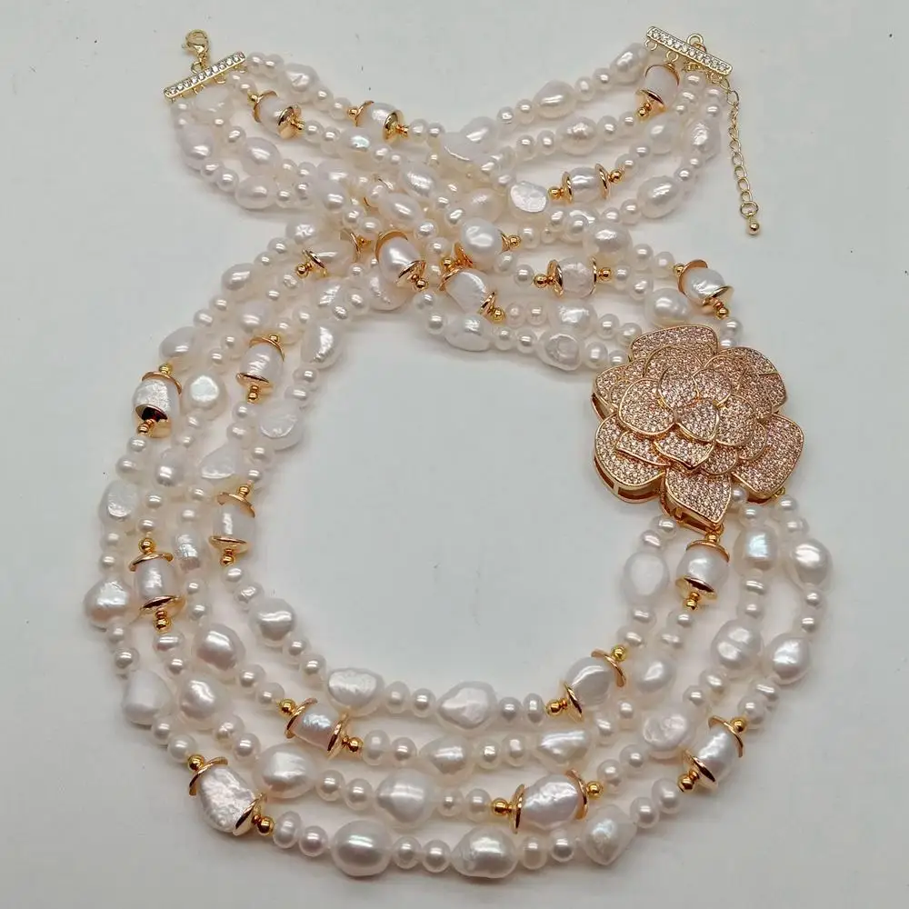 Y·YING 4 Strands Cubic Zirconia Pave Flower Connector Natural Cultured WhiteRound Baroque Freshwater Pearl Choker Necklace 19