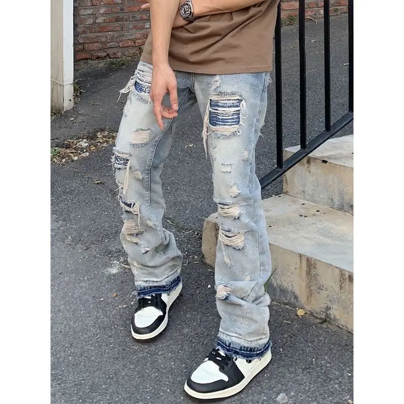 Original Ripped Jeans for Men Vintage Wash Hole Loose Micro Horn Jeans Trousers High Street Men Clothing Streetwear Denim Pants