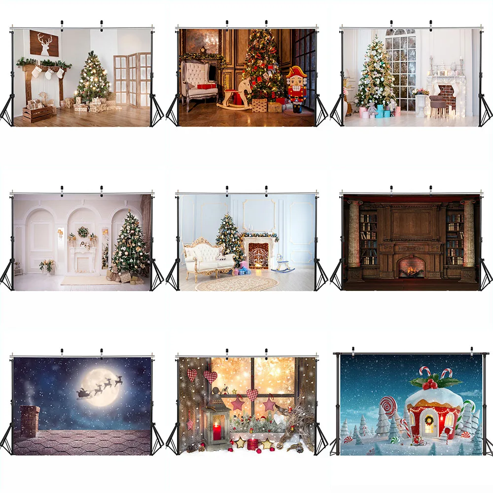 Merry Christmas การถ่ายภาพฉากหลังฤดูหนาวครอบครัวพื้นหลังตกแต่งฉากหิมะเตาผิงต้นคริสต์มาสถ่ายภาพ