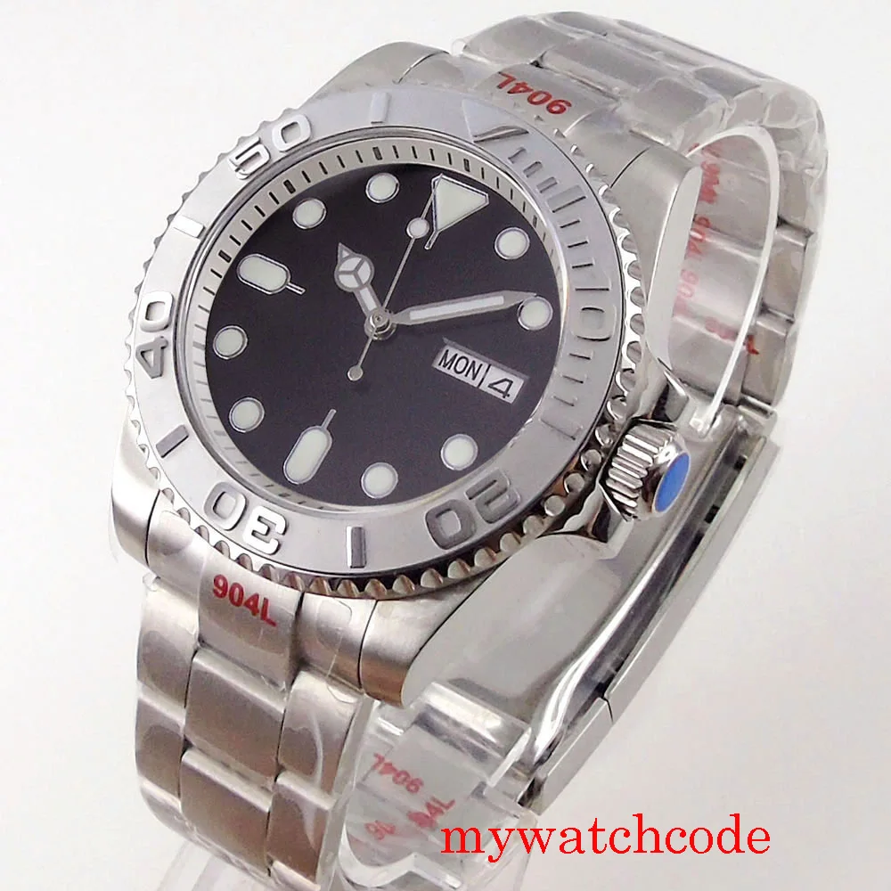 

40mm Black Face Sapphire Glass 24 Jewels NH36 Automatic Men Watch Unidirectional Bezel Bracelet Luminous Hands