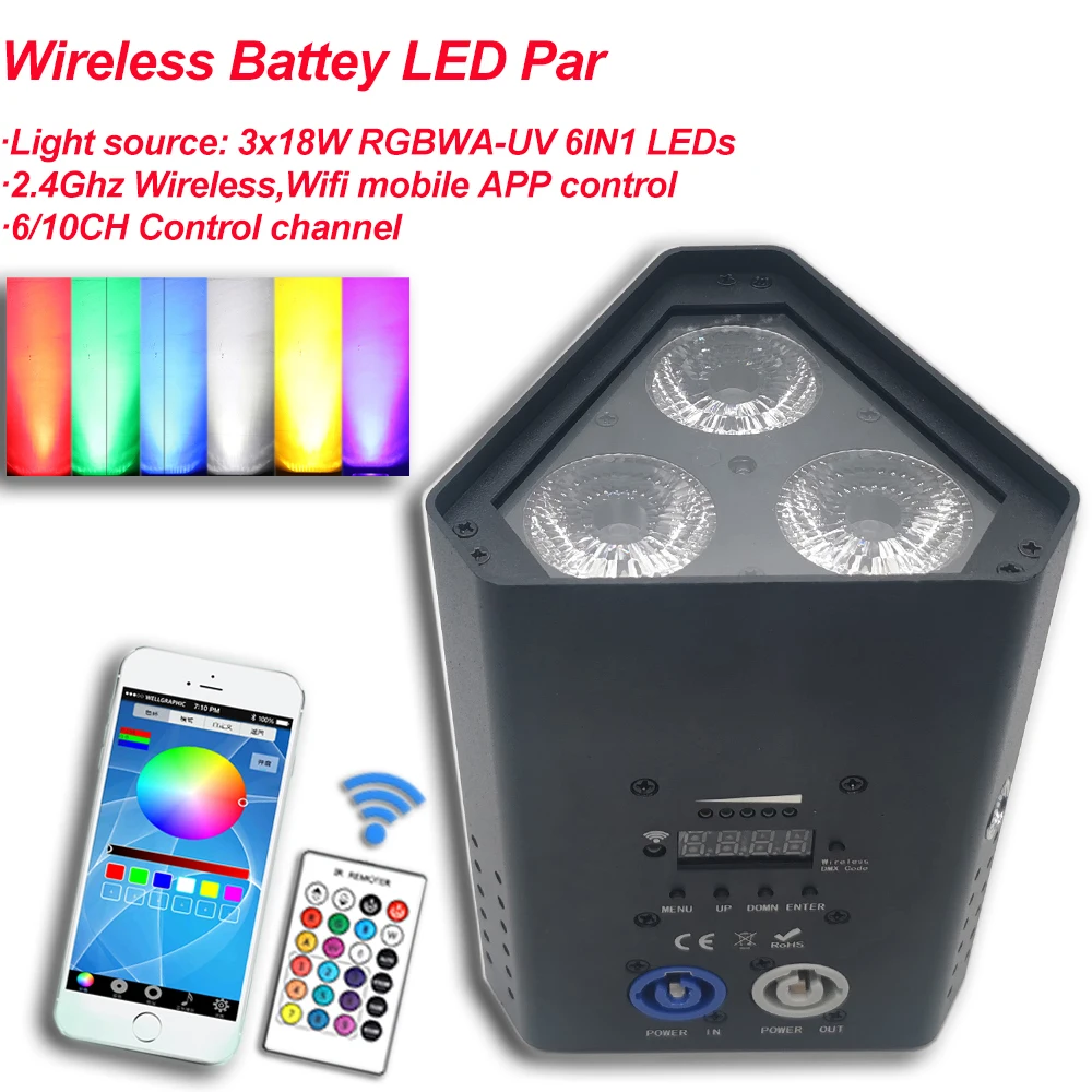 Mini LED Par Light 54W DMX Wireless RGBWA-UV 6IN1 For LED DJ Party Stage Lights Wash LED 2.4Ghz Wireless Remote Control Battery