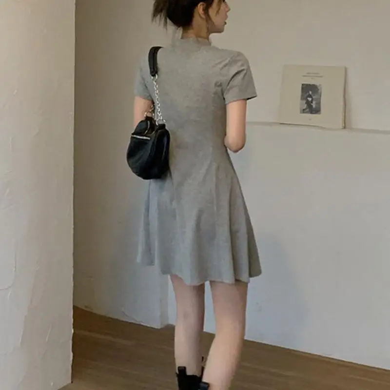 Dress Women Summer Mini Waistline Slim Thin Solid A-line Chinese Style Half Open Collar Streetwear Fashion Harajuku Comfortable