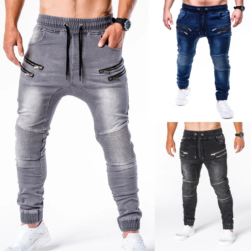 

Hot Style Men's Washed Denim Jeans,Zip Decorating Hip-hop Jogging Jeans, Sports Style High Stretch Denim Cargo Jeans;