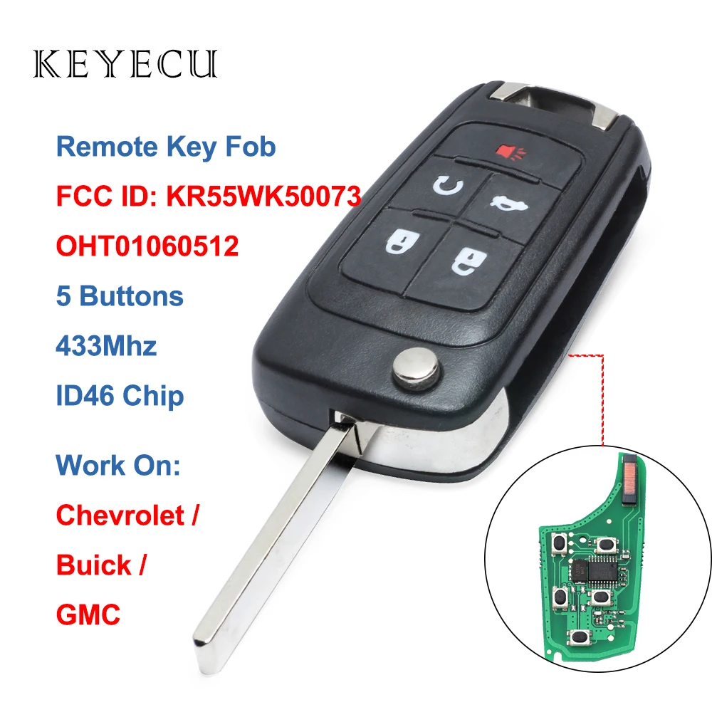 Keyecu 5 Buttons Flip Remote Car Key Fob 433Mhz ID46 Chip for Chevrolet Malibu Impala Cruze FCC ID: KR55WK50073, OHT01060512