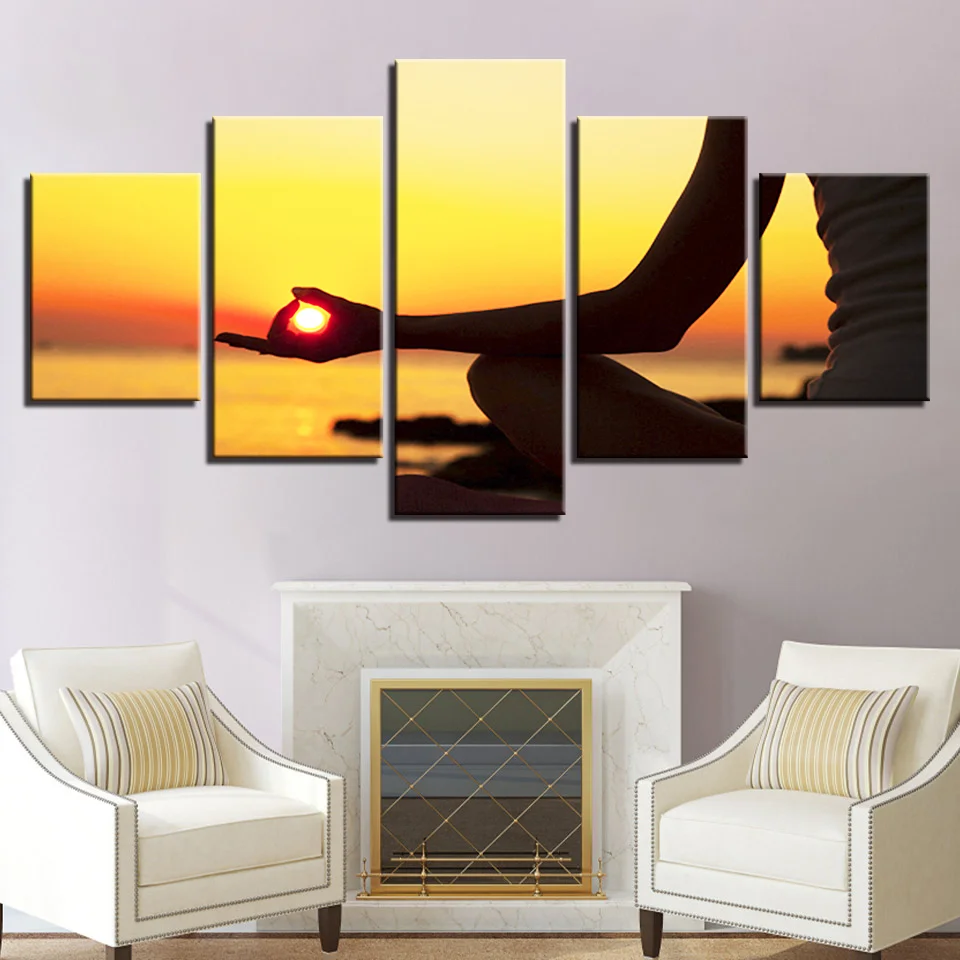 

Canvas Paintings 5 Pieces Sunset Seaside Yoga Sunrise Beach Posters HD Prints Pictures Wall Art Framework Living Room Home Decor