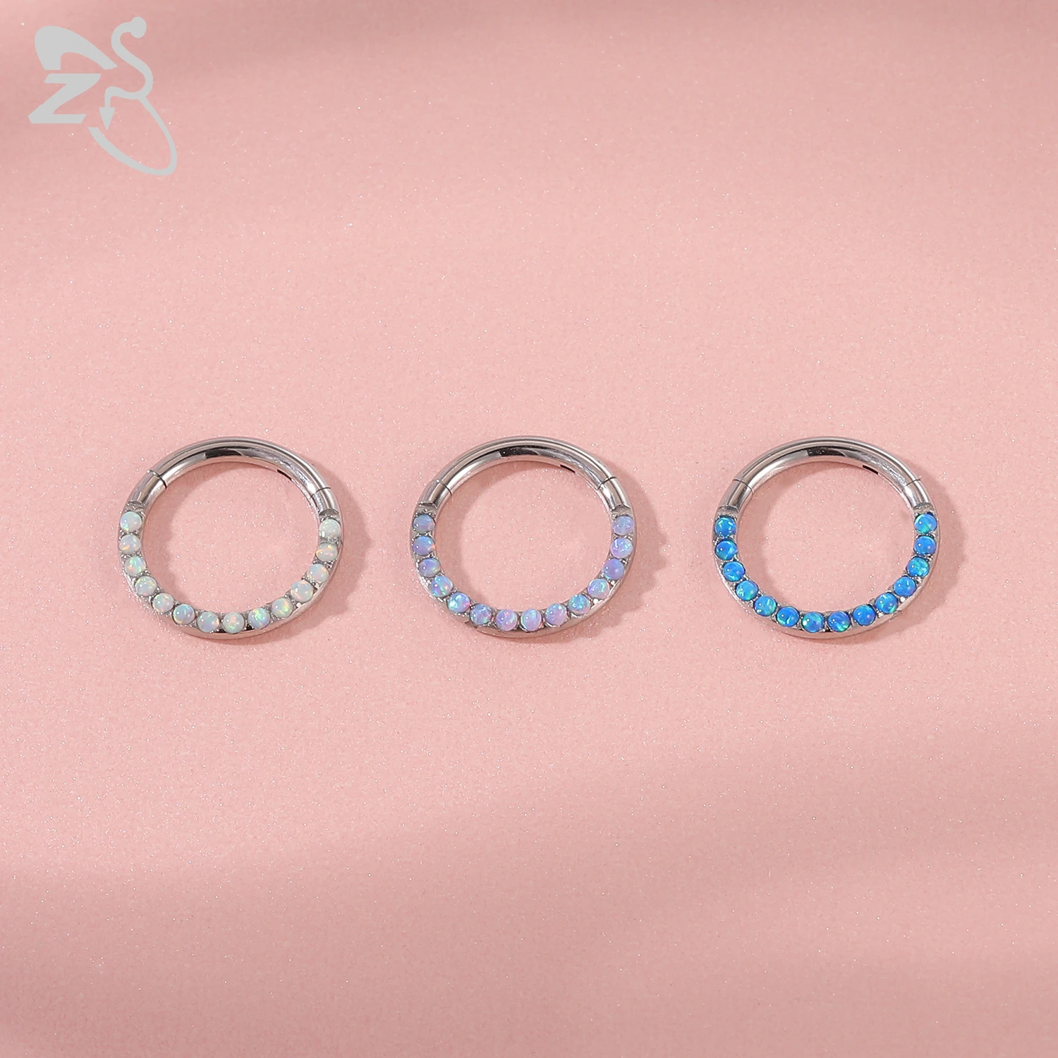 ZS 1PC Blue Opal Hoop Nose Ring For Women Men 8MM Stainless Steel Septum Clicker Ear Helix Cartilage Tragus Piercing Jewelry 16g