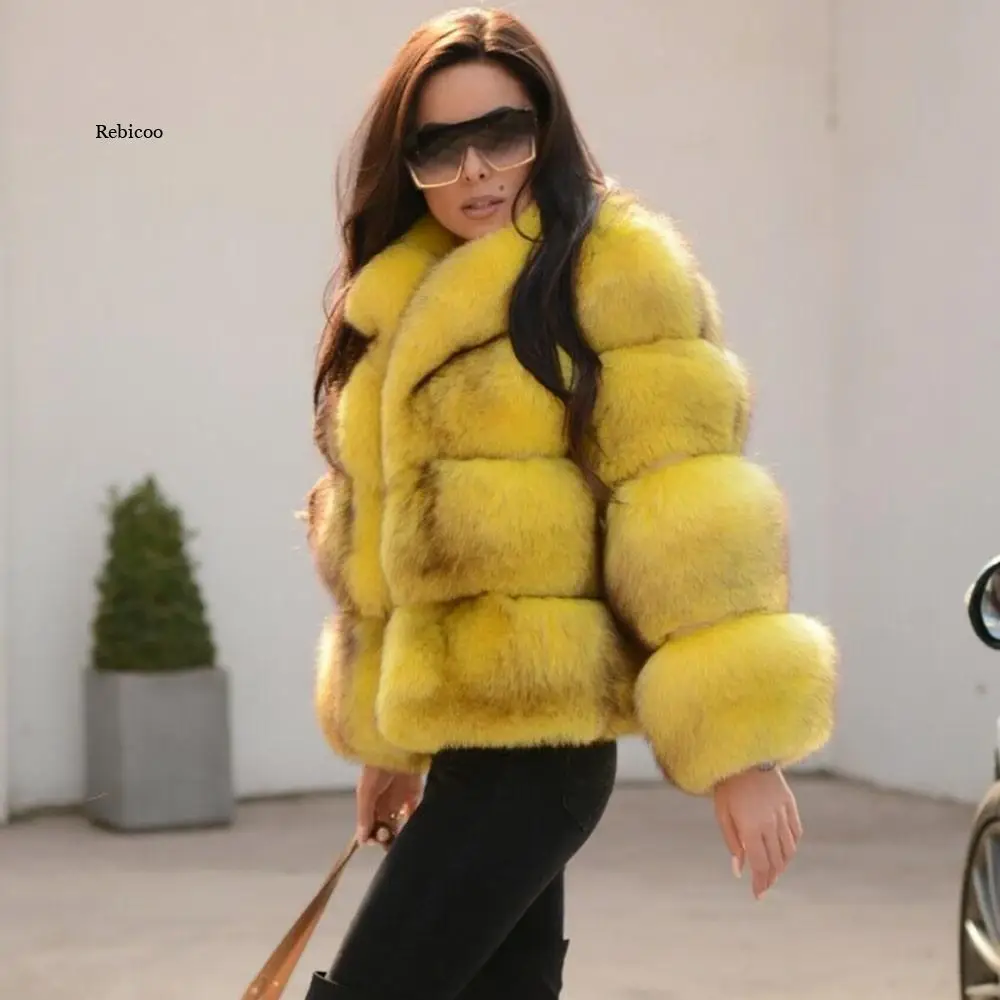 Turn down collar Faux Fox Fur Coat Faux Rabbit Fur Fluffy Collar New Luxury Women\'s Warm Coat Winter Thick Long-Sleeved Clothes